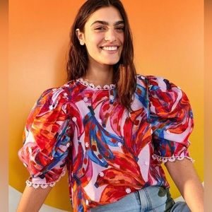 Farm Rio Anthropologie Colorful Bananas Puff Sleeve Blouse XL-NWOT!